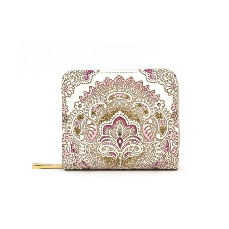 【文庫屋大関】二つ折りファスナーミニ財布 アンティークレース<ピオニー>【皮革工芸品】財布 二つ折り 小物 お札 カード 小銭 コンパクト 牛革 手作り 日本製 墨田区 東京都東京都墨田