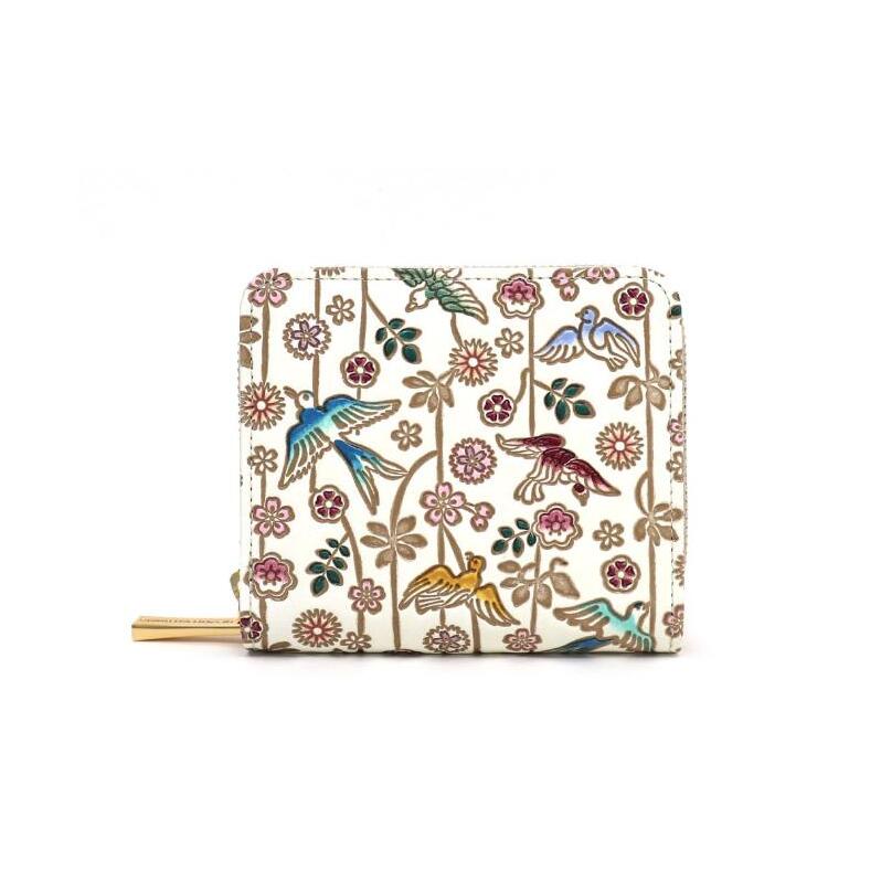 【文庫屋大関】二つ折りファスナーミニ財布 枝垂れ花鳥【皮革工芸品】財布 二つ折り 小物 お札 カード 小銭 コンパクト 牛革 手作り 日本製 墨田区 東京都東京都墨田区86000衣類・装飾品・