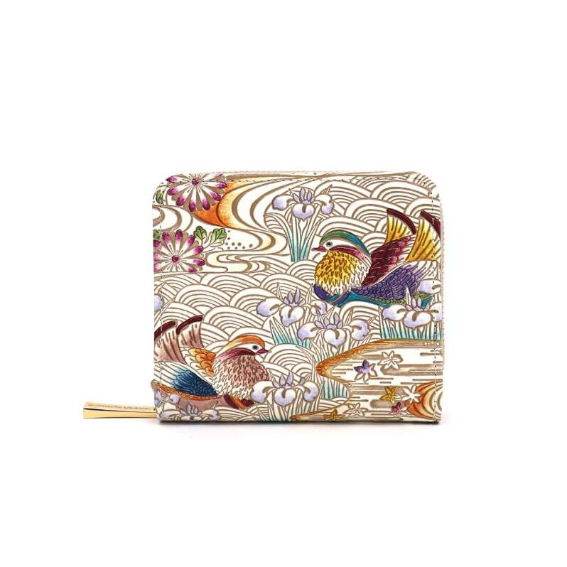 【文庫屋大関】二つ折りファスナーミニ財布 おしどり<橙色>【皮革工芸品】財布 二つ折り 小物 お札 カード 小銭 コンパクト 牛革 手作り 日本製 墨田区 東京都東京都墨田区86000衣類・装