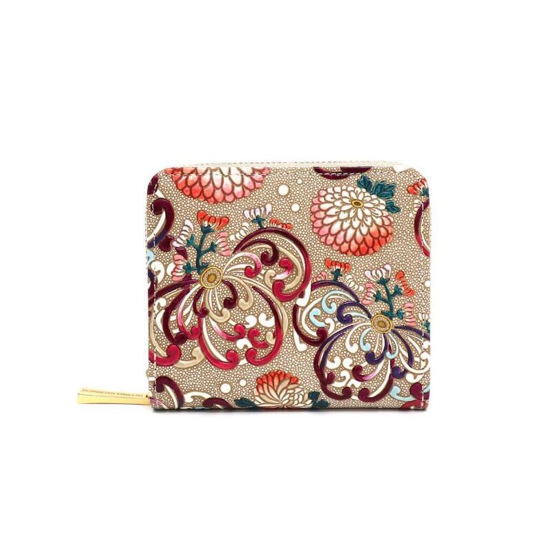 【文庫屋大関】二つ折りファスナーミニ財布 乱菊<赤紫>【皮革工芸品】財布 二つ折り 小物 お札 カード 小銭 コンパクト 牛革 手作り 日本製 墨田区 東京都東京都墨田区86000衣類・装飾品