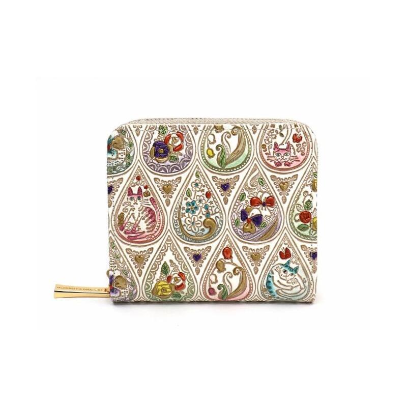 【文庫屋大関】二つ折りファスナーミニ財布 花と猫<ミックス>【皮革工芸品】財布 二つ折り 小物 お札 カード 小銭 コンパクト 牛革 手作り 日本製 墨田区 東京都東京都墨田区86000衣類・