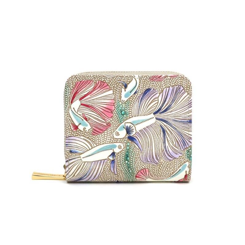 【文庫屋大関】二つ折りファスナーミニ財布 ラビリンスフィッシュ<パープル>【皮革工芸品】財布 二つ折り 小物 お札 カード 小銭 コンパクト 牛革 手作り 日本製 墨田区 東京都東京都墨