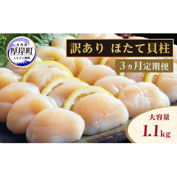 【 3ヵ月 定期便 】北海道 訳あり 冷凍 帆立 貝柱 1.1kg (各回1.1kg×3ヶ月分,合計約3.3kg)  お刺身 新鮮 魚貝類 北海道厚岸町80000魚介・海産物貝類