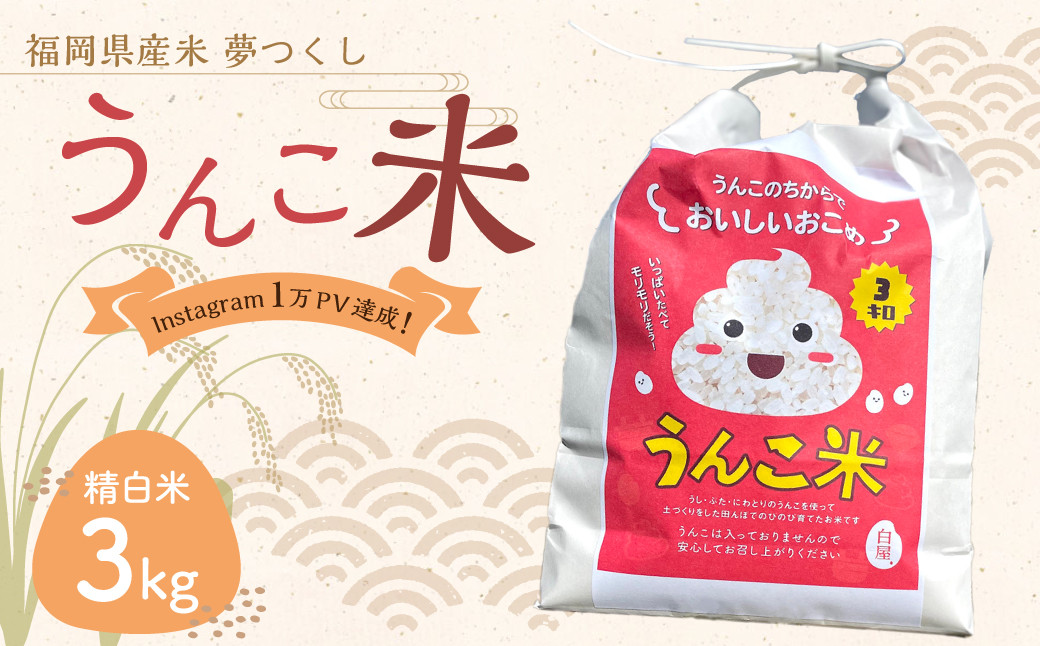 うんこ米 精白米 3kg /  夢つくし 白米 無洗米 米 お米 国産 福岡県産 令和6年産福岡県香春町14000米・パン白米