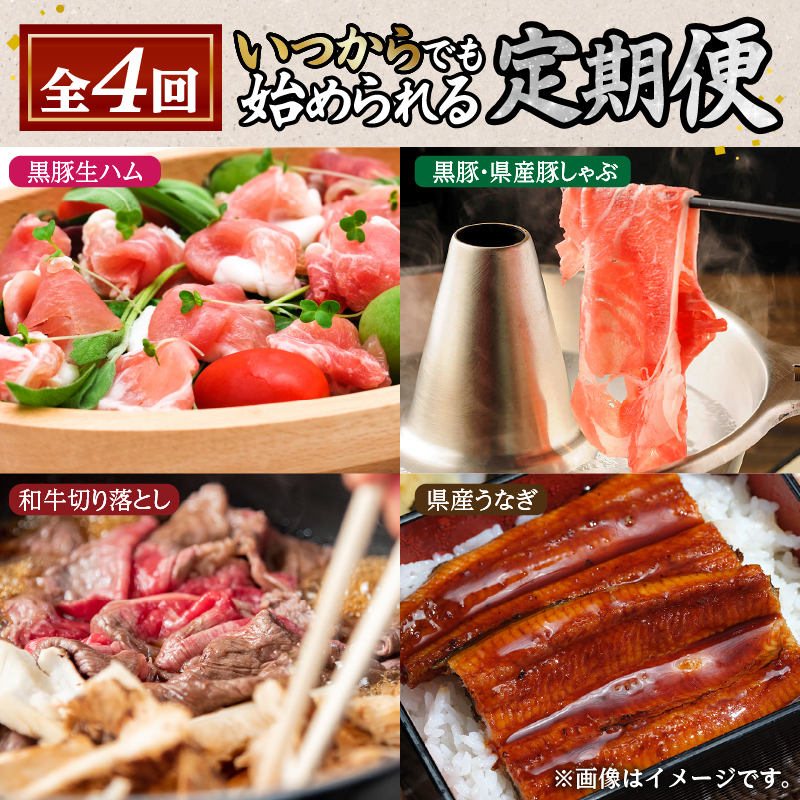 【4回】〈いつからでも始められる〉黒豚生ハム・黒豚&県産豚しゃぶ・和牛切り落とし・県産うなぎ定期便 K086-T07鹿児島県鹿児島市60000肉牛肉
