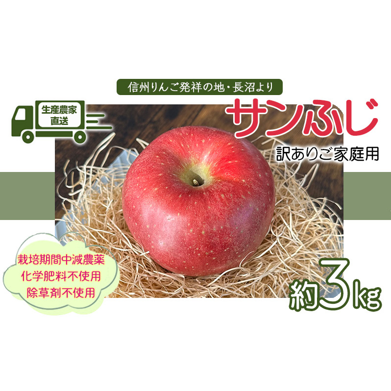 生産農家直送 信州りんご発祥の地・長沼産 長沼りんご サンふじ(ご家庭用) 約3kg サイズミックス 長野県産 栽培期間中化学肥料不使用 除草剤不使用 人にやさしく環境にもやさしい長野県長