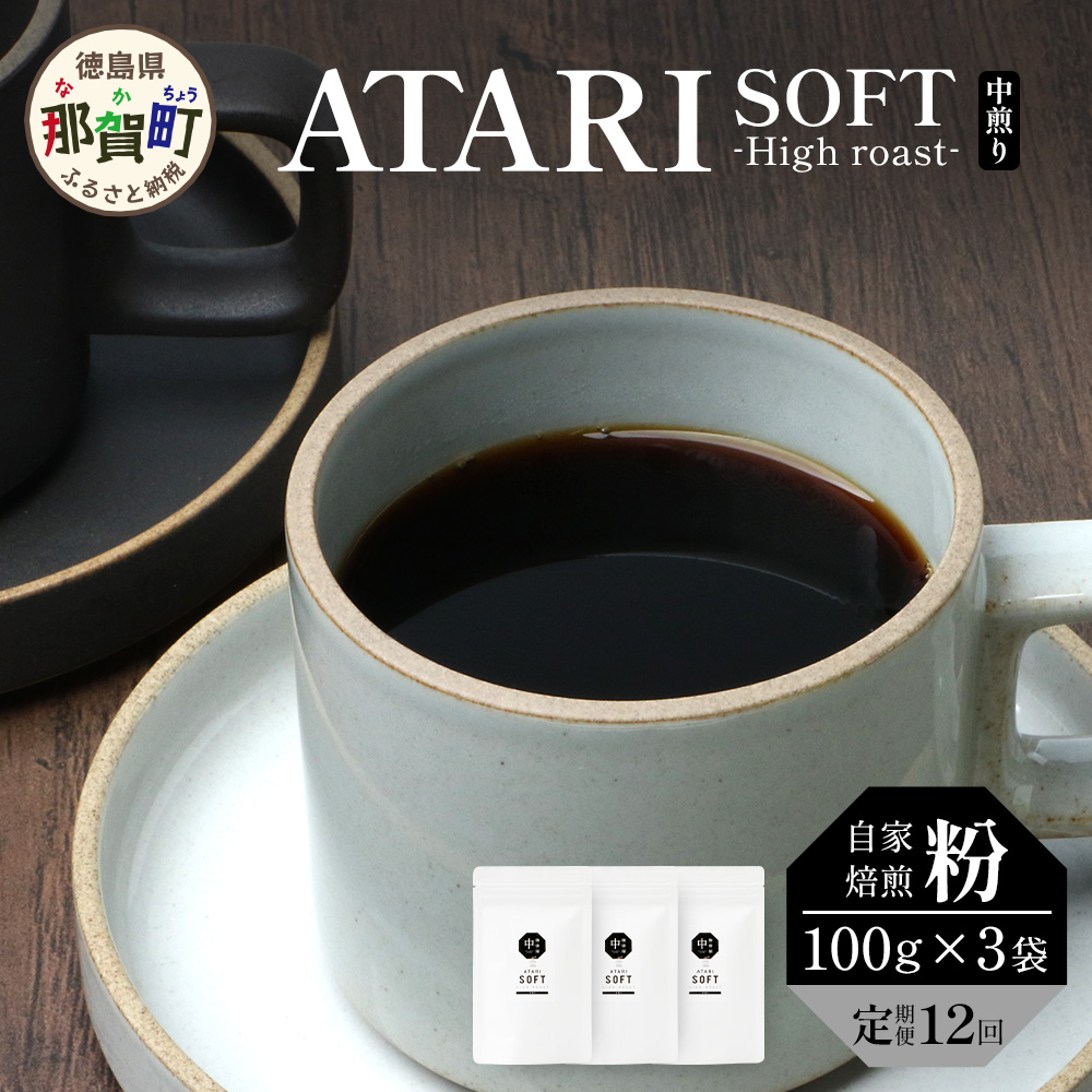 【定期便12回】【粉タイプ】珈琲屋 中-ATARI- SOFT (中煎り) -High roast- 100g×3袋×12回【徳島県 那賀町 自家焙煎 コーヒー 珈琲 ブレンド コーヒー粉 珈琲粉 粉 スペシャリティコーヒー レギュラー