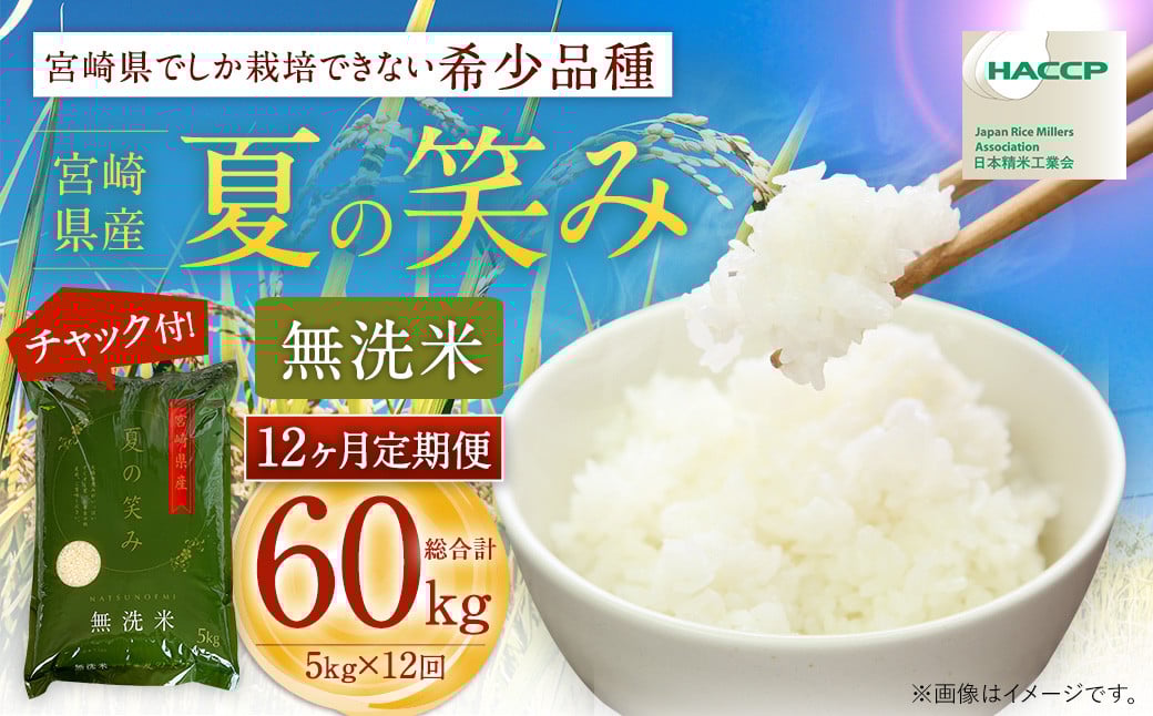 【学校給食提供】<【12ヶ月定期便】令和7年産 宮崎県産 夏の笑み(無洗米)5kg>2025年9月上旬以降順次 第1回目発送(8月は下旬頃) 米 夏の笑み 無洗米 精米 希少 品種 白米 お米 ご飯 宮崎