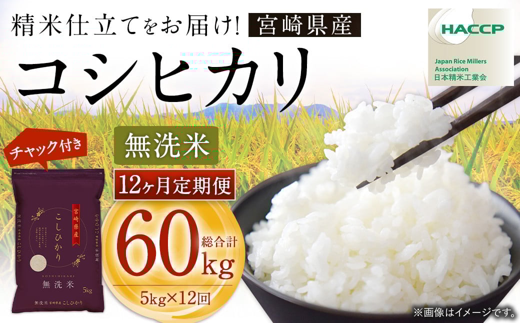 【12か月定期便】<令和7年産 宮崎県産コシヒカリ (無洗米) 5kg チャック付き米袋 12か月定期便>2025年9月上旬以降順次 第1回目発送(12月は中旬頃) こしひかり コシヒカリ お米 米 コメ