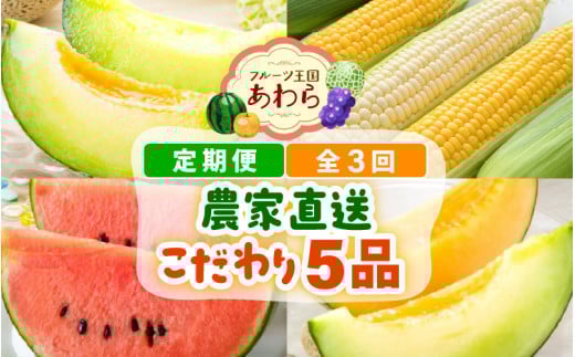 【先行予約】≪定期便/全3回≫フルーツ王国あわらのこだわり5品 農家直送 厳選品/ 期間限定 果物 フルーツ 青肉メロン 赤肉メロン 西瓜 とうもろこし 産地直送 ※2026年6月中旬より順次発