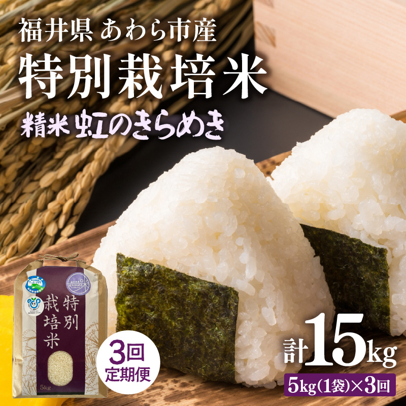 【令和7年産】定期便 ≪3ヶ月連続お届け≫ 化学肥料不使用 特別栽培米 虹のきらめき 精米 5kg × 3回(合計15kg) / 白米 米 福井県あわら市産 美味しい 特別栽培米 減農薬 安心な米 旨味 甘み
