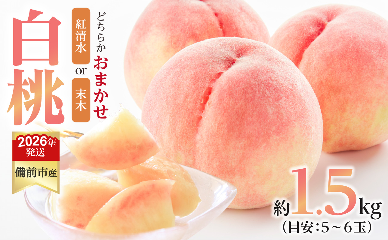 【2026年発送分 先行受付開始!】びぜん白桃 紅清水白桃・末木白桃のうち1品種 約1.5kg(令和8年6月下旬〜7月頃発送)【岡山県備前市産 紅清水白桃 末木白桃 うち1品種 約1.5kg (5〜6玉