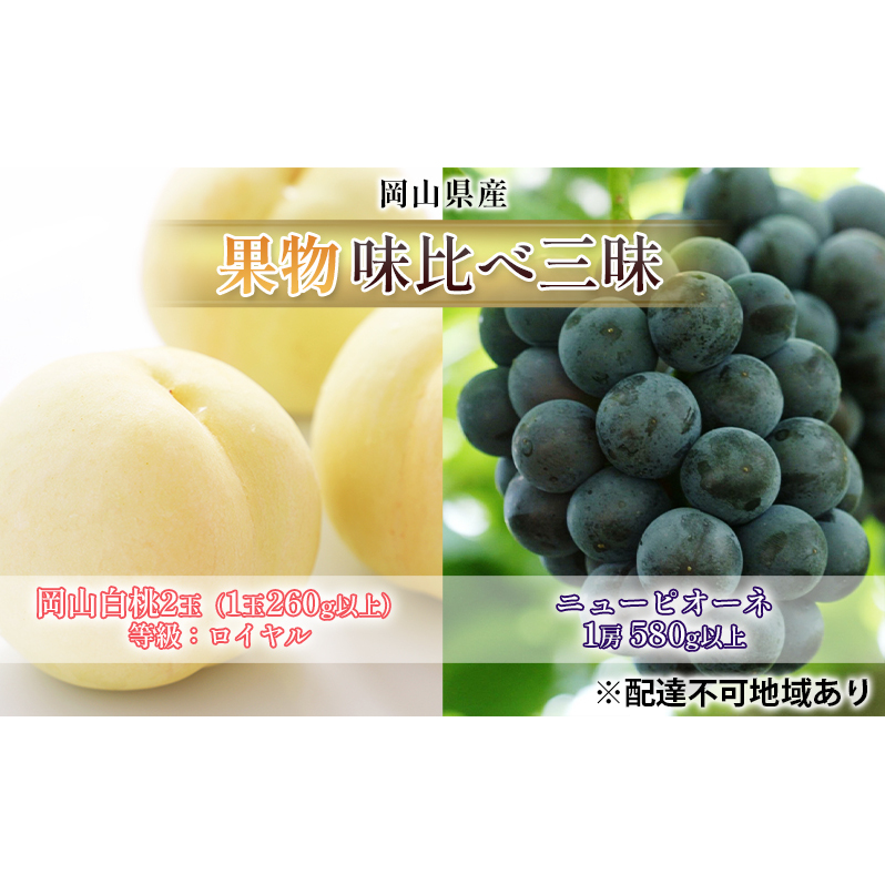 桃 ぶどう 2026年 先行予約 果物 味比べ三昧  岡山 白桃 2玉 等級:ロイヤル(1玉260g以上)ニュー ピオーネ 1房 580g以上 詰合せ もも 葡萄 岡山県産 国産 フルーツ 果物 ギフト 食べ比べ岡山県