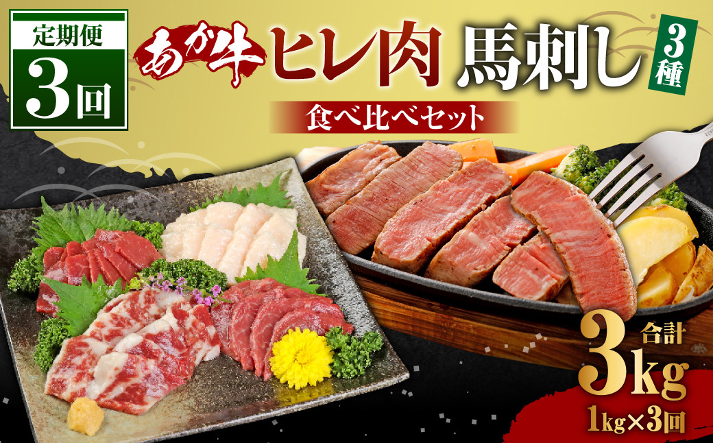 【定期便3か月】あか牛 ヒレ肉 800g 馬刺し 200g 食べ比べセット 合計 約3kg熊本県益城町300000肉ジビエ