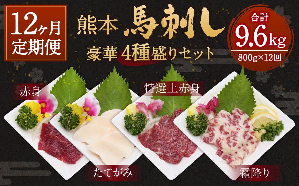 【12ヶ月定期便】熊本 馬刺し 豪華4種盛りセット 800g×12回熊本県益城町1200000肉ジビエ