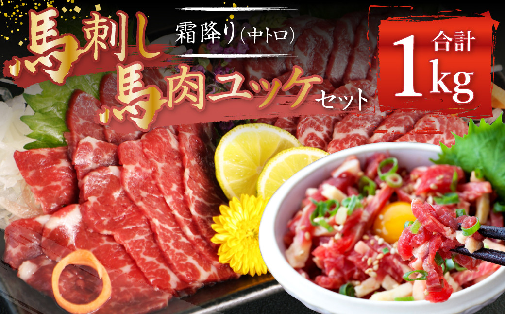 熊本 馬刺し 霜降り 中トロ 約500g + 馬肉 ユッケ 約500g 合計約1kg セット 馬肉 馬刺 お肉 霜降り 冷凍熊本県益城町65000肉ジビエ