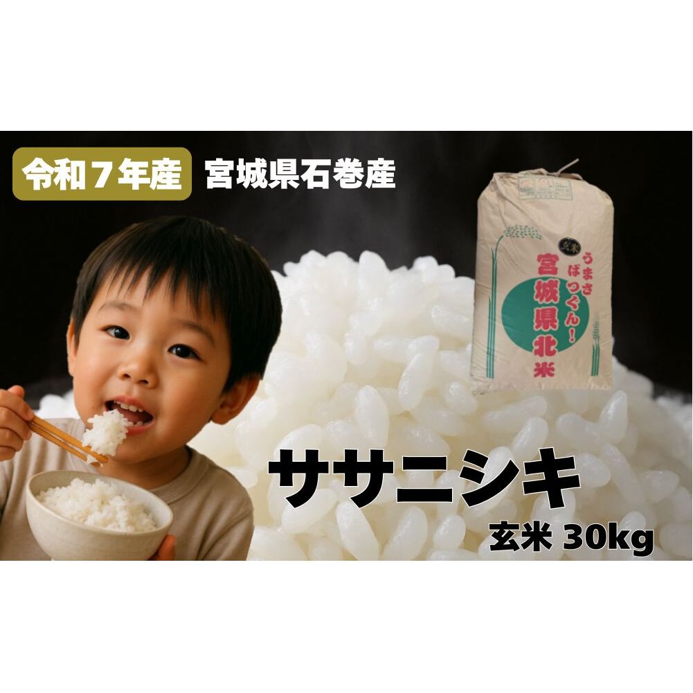 米 令和7年産 ササニシキ 玄米 30kg お米 ごはん ご飯 飯 30キロ 単一銘柄米 主食 家庭用 美味しい ブランド米 玄米食 あっさり 食感 甘味 健康食 食物繊維 ビタミン ヘルシー ささにしき おに