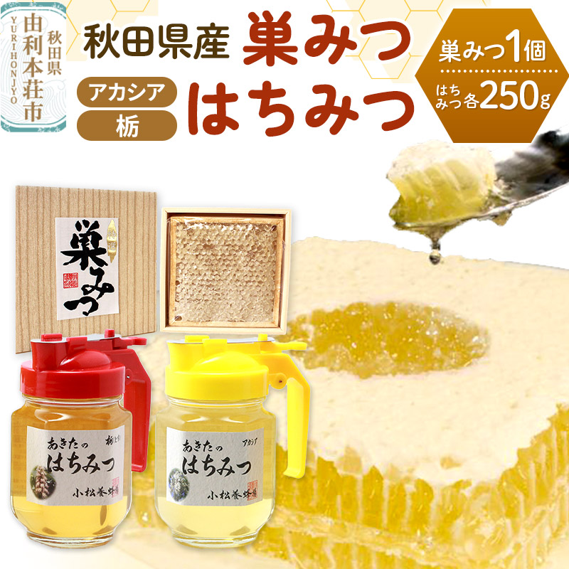 小松養蜂場 はちみつ 秋田県産 100% 巣みつ(アカシア)  +アカシア・栃はちみつ各 250g セット秋田県由利本荘市33000鍋セット・総菜・加工食品