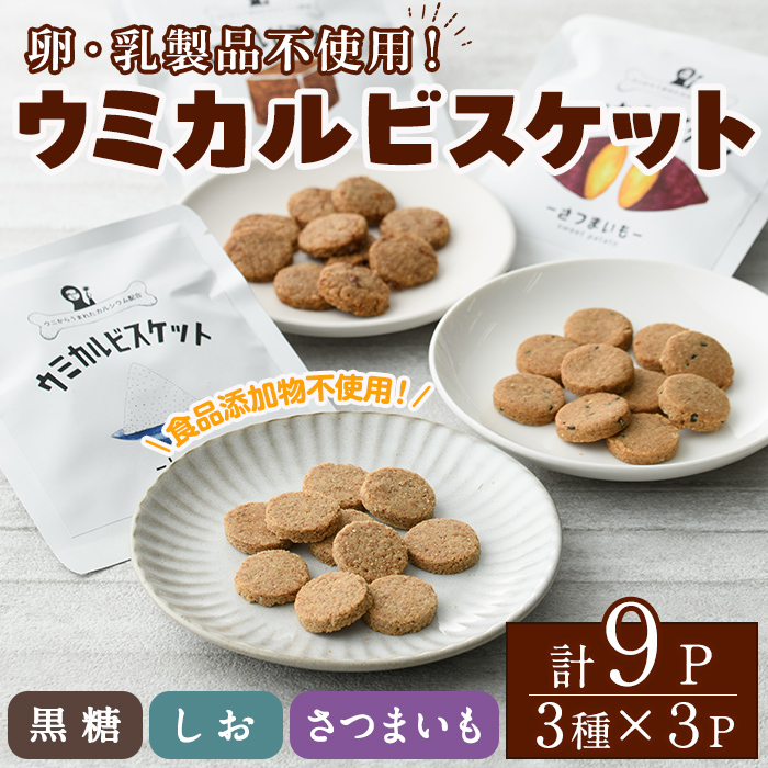 ウミカルビスケット(3種・各3パック) おやつ お菓子 ビスケット 黒糖 塩 さつまいも ウニ 殻 カルシウム セット 詰め合わせ【下園薩男商店】akn086-06鹿児島県阿久根市12000菓子・スイーツ