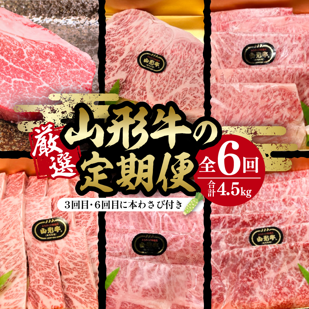 厳選山形牛の定期便 全6回 総量約4.5kg 【晴天畑】 hi004-hi026-021r山形県東根市396000肉牛肉