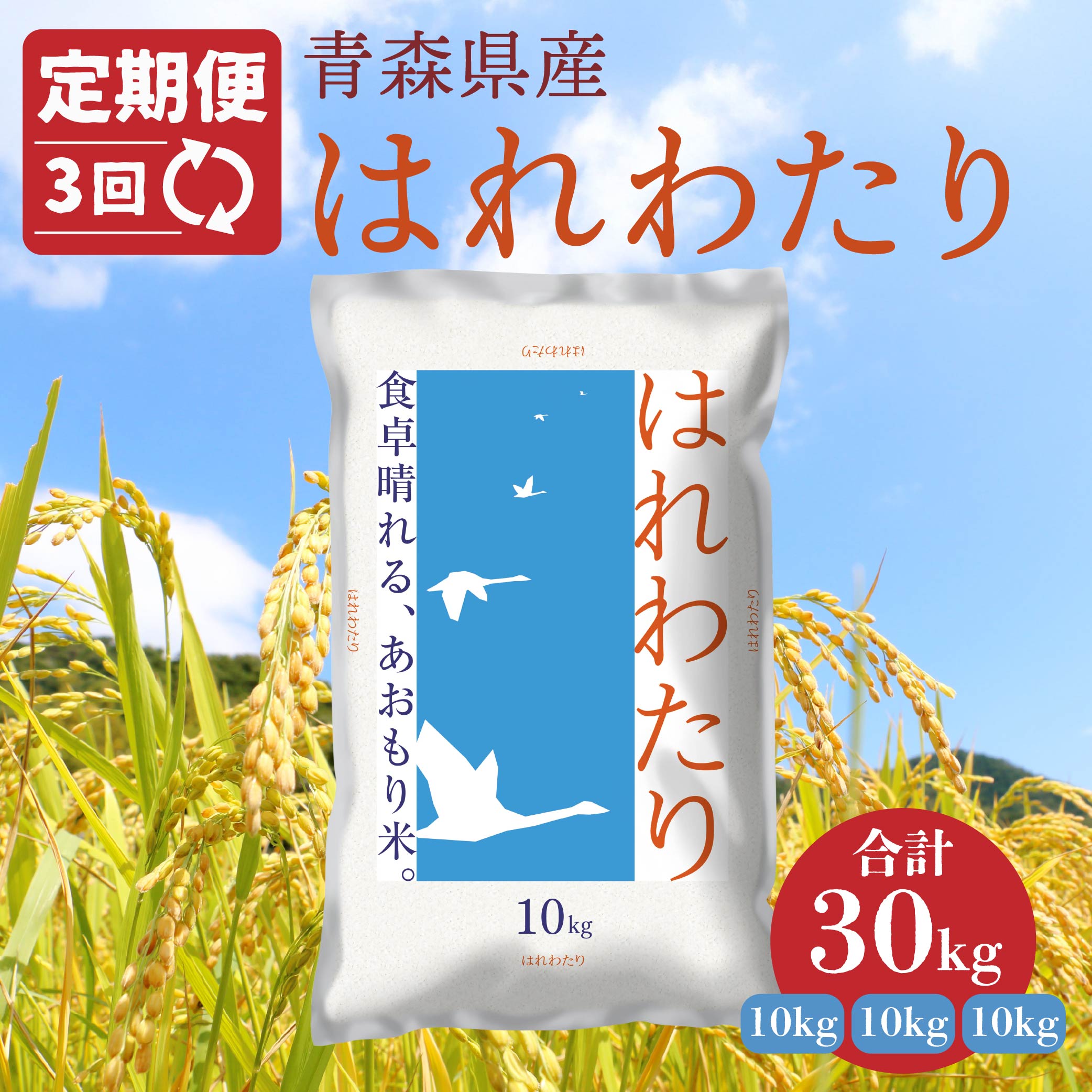 【3ヵ月定期便】 青森県産 はれわたり 10kg 10kg×1袋 合計30kg 令和7年産 米 精米 白米 お米 青森県産青森県八戸市132000米・パン白米