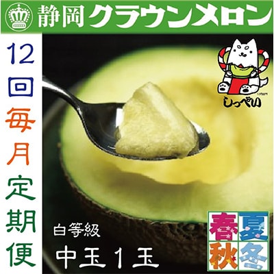 【毎月定期便】クラウンメロン(白等級)中玉1玉・12ヵ月毎月お届け全12回【配送不可地域:離島・北海道・沖縄】【4003095】静岡県磐田市180000果物・フルーツメロン・スイカ