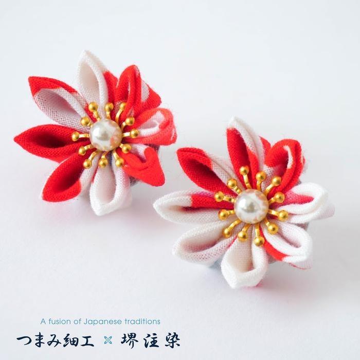 花舞うイヤリング「つまみ細工×堺注染」(赤)大阪府堺市10000衣類・装飾品・工芸品その他 装飾品・工芸品