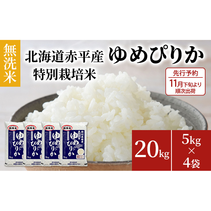 【先行予約2025年産米・11月下旬より順次出荷】無洗米 北海道赤平産 ゆめぴりか 20kg (5kg×4袋) 特別栽培米 米 北海道 お米 ふるさと納税 北海道赤平市74000米・パン白米