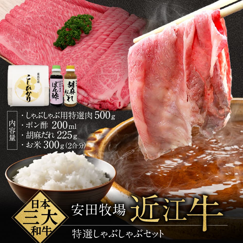 特選しゃぶしゃぶセット(しゃぶしゃぶ用特選肉、ポン酢、ごまだれ、お米) 安田牧場 滋賀県 東近江市 D-B11 しゃぶしゃぶ しゃぶしゃぶセット ポン酢 ごまだれ 米 近江牛 安田牧場 特選 ブ
