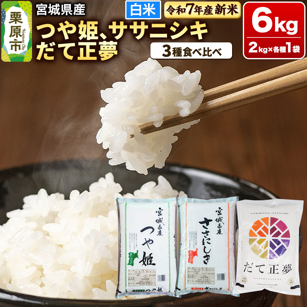 【新米受付】【ブランド米・食べ比べ】宮城県産 つや姫・ササニシキ・だて正夢 令和7年産 白米 2kg×3品種宮城県栗原市20000米・パン白米