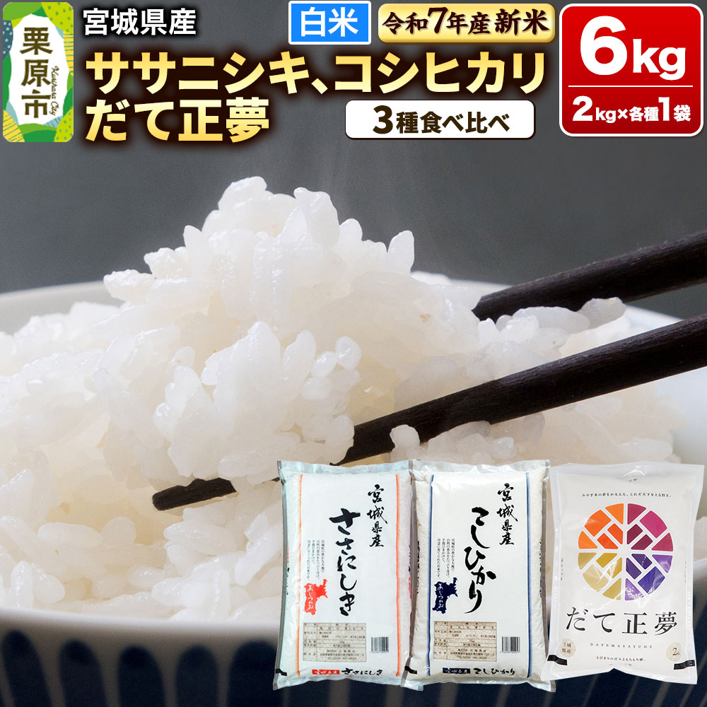 【新米受付】【ブランド米・食べ比べ】宮城県産 ササニシキ・コシヒカリ・だて正夢 令和7年産 白米 2kg×3品種宮城県栗原市20000米・パン白米