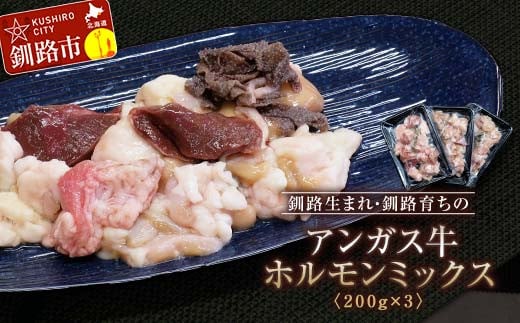 釧路生まれ、釧路育ちのアンガス牛ホルモンミックス 200g×3 国産 ホルモン 牛 牛肉 国産 ホルモン ハツ モツ 冷凍 焼肉 もつ鍋 煮込み 小分け 北海道 _F4F-3320北海道釧路市12000肉牛肉