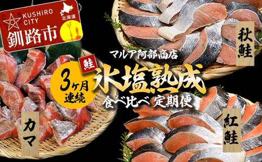 【3ヶ月連続】マルア阿部商店 氷塩熟成 食べ比べ定期便 紅鮭 秋鮭 カマ サケ 鮭 しゃけ 海鮮 魚 海鮮 定期便 分布会 北海道 _F4F-8093北海道釧路市26000魚介・海産物鮮魚
