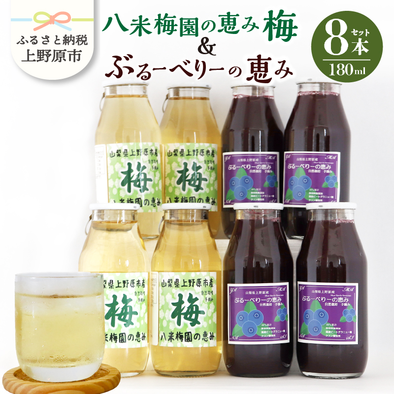 【ふるさと納税】 八米梅園の恵み&ブルーベリーの恵み(180ml×8本) 梅ジュース ブルーベリージュース 180ml×8本(各4本) 無添加 自然栽培 八米梅園 国産 保存料不使用 梅果汁入り 濃厚 飲料 ド