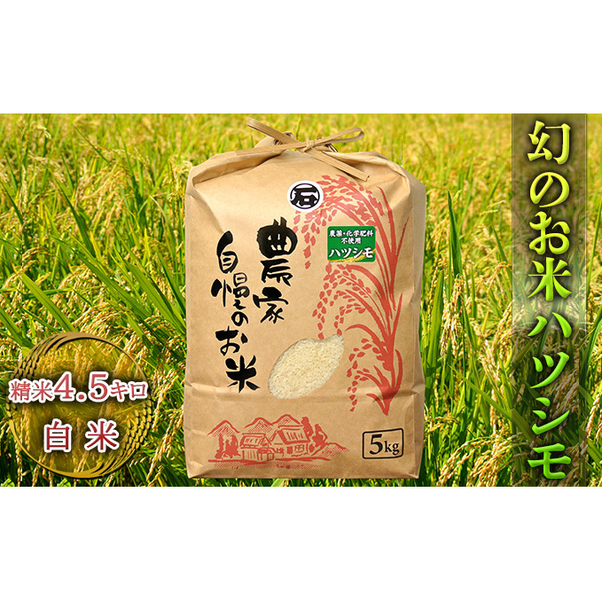 幻のお米ハツシモ 4.5kg 精米 白米 農薬 化学肥料不使用 甘み 型くずれしにくい 冷めてもおいしい お弁当 おにぎり 岐阜県美濃市18000米・パン白米