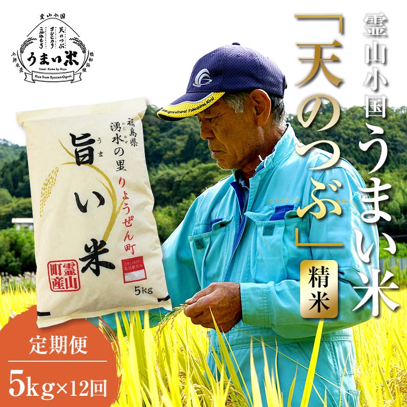 福島県伊達市産 <定期便>霊山小国うまい米 天のつぶ精米5kg×12回連続 F20C-998福島県伊達市120000米・パン白米