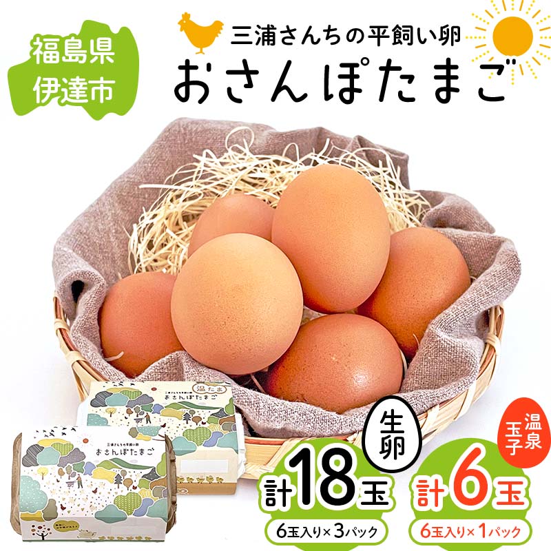 三浦さんちの平飼い卵 おさんぽたまご(生卵と温泉玉子セット) 生卵18玉入り、温泉玉子6玉入り(計24玉) 伊達市 福島県 国産 養鶏場直送 卵 たまご 玉子 生卵 鶏卵 温泉たまご F20C-954福島県伊達