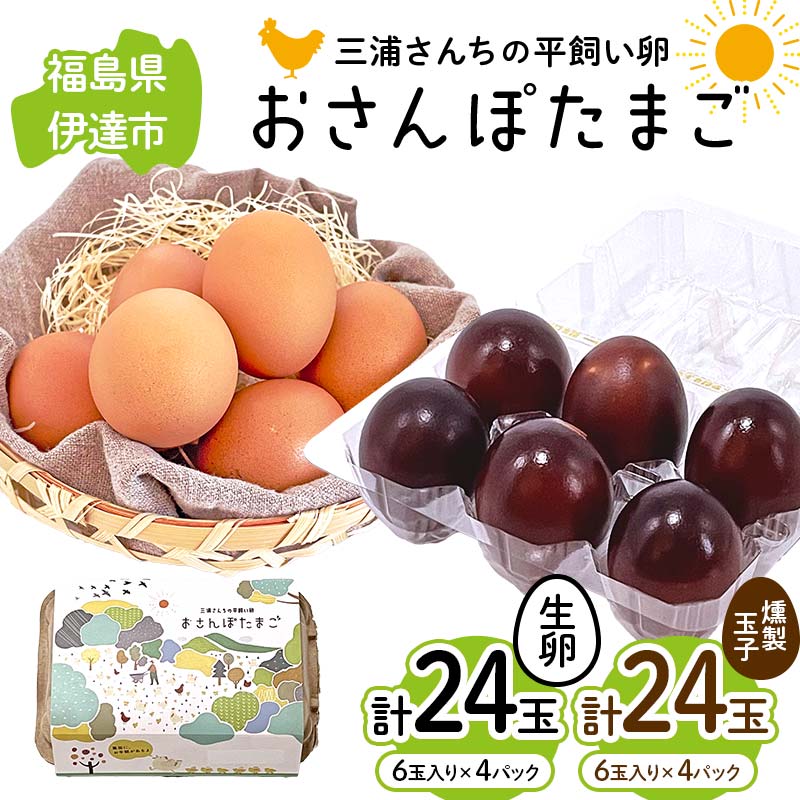 三浦さんちの平飼い卵 おさんぽたまご(生卵と燻製玉子セット) 生卵24玉入り、燻製玉子24玉入り(計48玉) 伊達市 福島県 国産 養鶏場直送 卵 たまご 玉子 生卵 鶏卵 燻製たまご F20C-955福島県伊