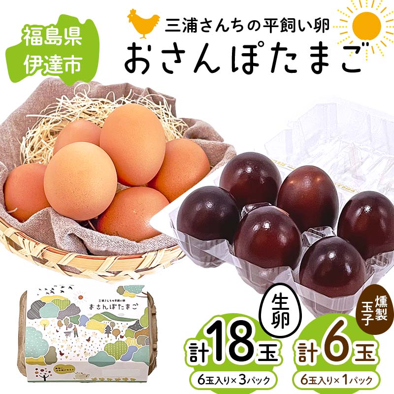 三浦さんちの平飼い卵 おさんぽたまご(生卵と燻製玉子セット) 生卵18玉入り、燻製玉子6玉入り(計24玉) 伊達市 福島県 国産 養鶏場直送 卵 たまご 玉子 生卵 鶏卵 燻製たまご F20C-956福島県伊達