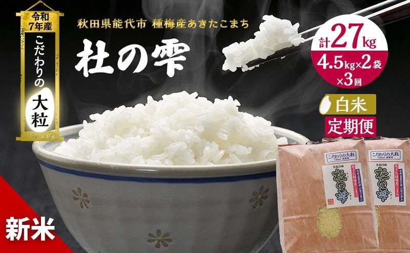 令和7年産 新米 米 お米 《定期便3ヶ月》【白米】秋田県産 あきたこまち あきた種梅産こまち 杜の雫 こだわりの大粒 9kg(4.5kg×2袋)×3回 合計27kg 秋田県能代市73000米・パン白米