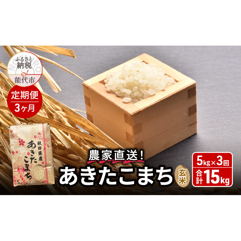 【2025年2月からお届け】《定期便3ヶ月》玄米 農家直送!うまい!! 本場のあきたこまち 5kg×3回 合計15kg ご飯 ブランド米 おにぎり 令和6年産 産地直送 おこめ ごはん 秋田県 秋田 能代市秋田県