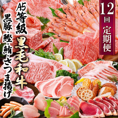 定期便(12回配送)お楽しみ便(A5等級黒毛和牛・黒豚・かつお・まぐろ・さつまあげ等)JJ-6002【配送不可地域:離島】【1166755】鹿児島県枕崎市300000肉牛肉