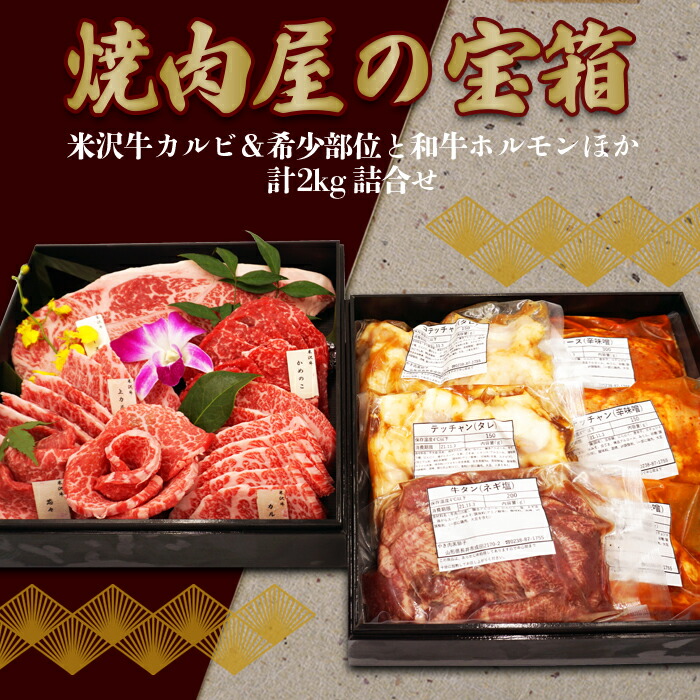 焼肉屋の宝箱（米沢牛カルビ＆希少部位と和牛ホルモンほか計2kg