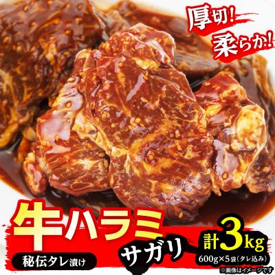 厚切り柔らか秘伝の味付き牛ハラミ(サガリ)600g×5袋(タレ込み)_01661【配送不可地域:離島】【1155586】北海道旭川市27000肉牛肉