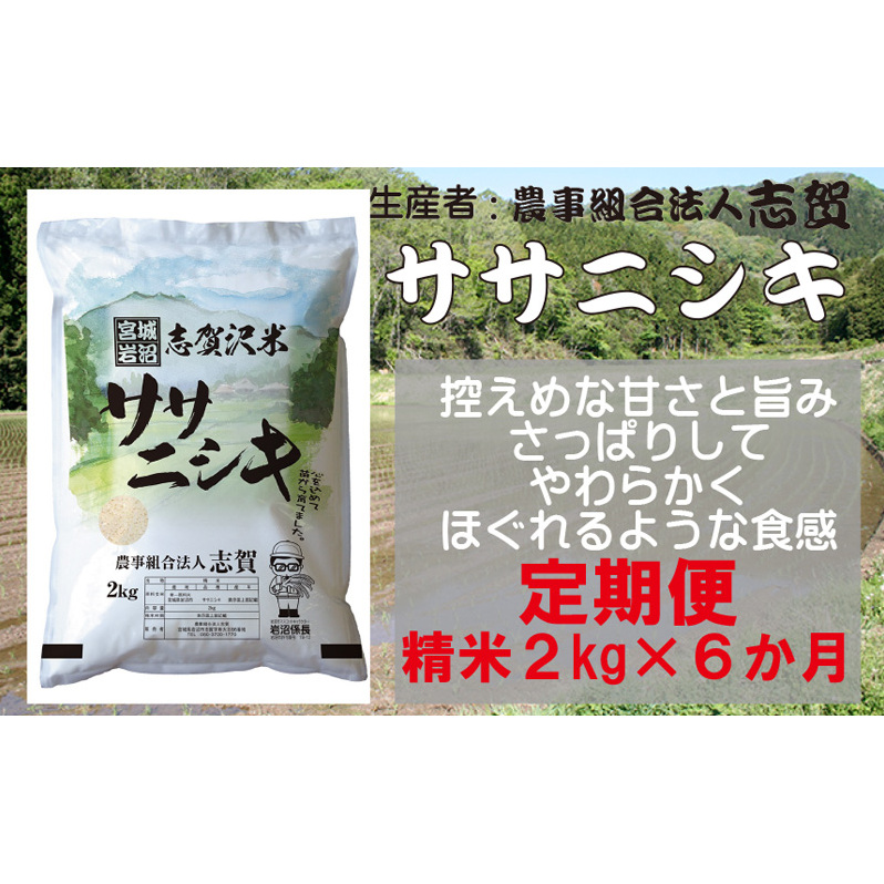 【10月受付再開予定/令和7年産新米】【6ヶ月定期便】宮城県岩沼市産 志賀沢米 ササニシキ 精米2kg 宮城県岩沼市43000米・パン白米