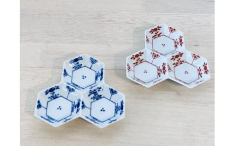 伊万里焼 ウロコ芙蓉手(青・赤)毘沙門三品盛 165-H1059佐賀県伊万里市32000雑貨・日用品食器・グラス
