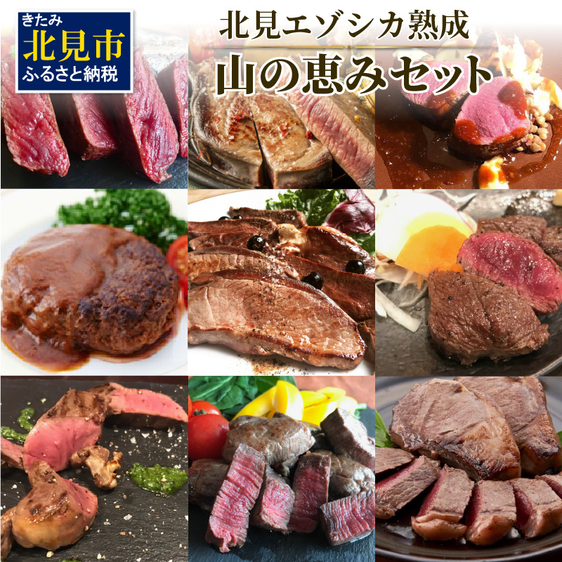 北見エゾシカ 熟成肉山の恵みセット ( 肉類 肉 国産 鹿肉 熟成 セット 詰め合わせ 骨付き ロース しんたま 内もも ステーキカット肉 ハバキカット ハツ ヒレ ステーキ用スライス )【025-0030】
