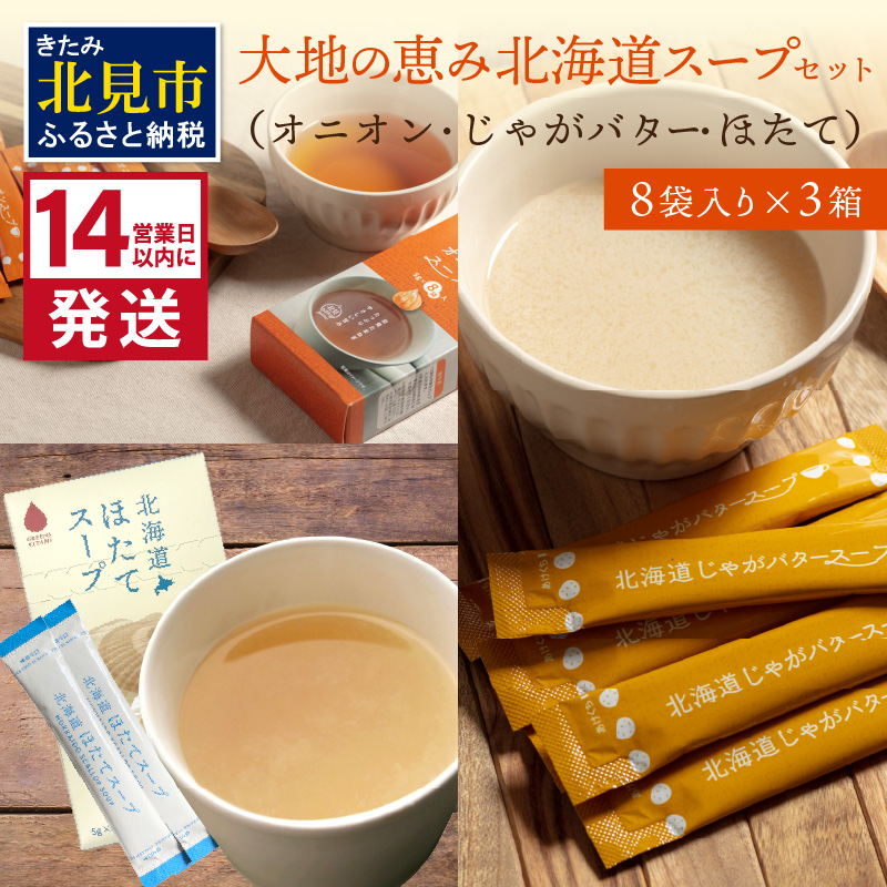 《14営業日以内に発送》全3種セット!大地の恵み北海道スープ 3種×1箱 ( スープ 即席 オニオンスープ たまねぎスープ ほたて じゃがバター 粉末 簡単 粉末スープ 調味料 ふるさと納税 )【125-