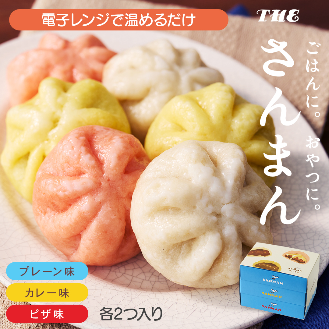 さんまんバラエティセット 3箱 セット (1箱 100g 2つ入り 計6個) プレーン味 カレー味 ピザ味 冷凍 惣菜 軽食 おやつ 朝食 点心 中華まん ピザまん カレーまん 大船渡 三陸 岩手県岩手県大船渡