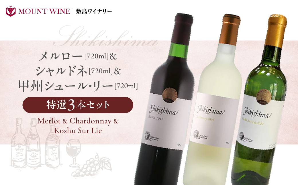 特選3本セット【メルロー & シャルドネ & 甲州シュール・リー】 720ml×3本 敷島醸造 ワイン 赤ワイン 白ワイン わいん シャルドネ ワインセット 辛口 日本ワイン 国産ワイン ギフト お祝い 飲